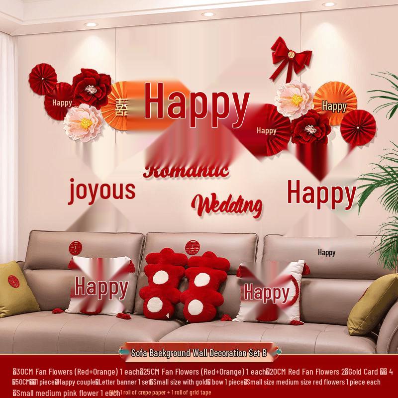 Wedding Garland Set for Living Room, Sofa, and Bedside - Bride & Groom Double Happiness Wall Decoration