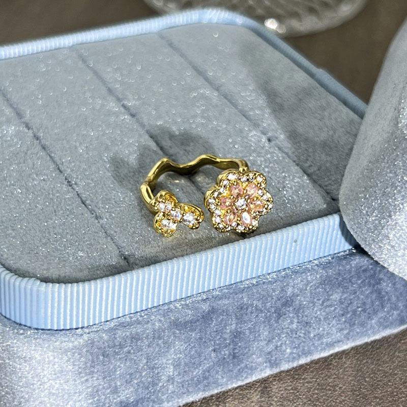 2026 Old Money Wind Exquisite Micro-inlaid Zircon Butterfly Flower Opening Ring Women's Light Luxury Geometric Stacking Wearing Versatile Niche Ring