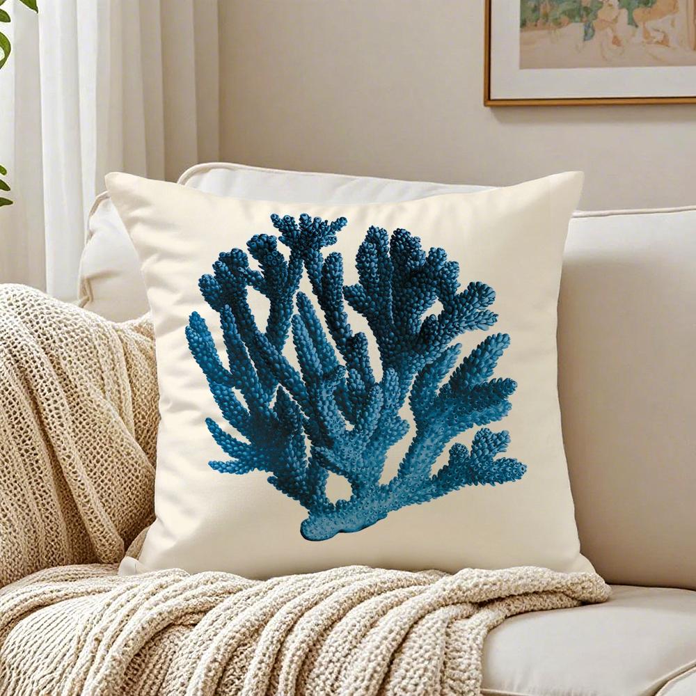 Cozy Fashion Blue Sea Creature Coral Shrimp Cushion Cover Linen Pillowcase Soft For Sofa Bed Home Room Decor