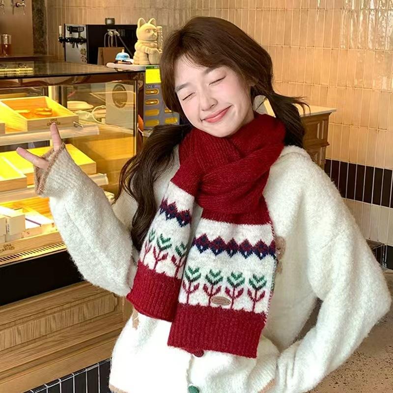 Fair Island Christmas Red Knitted Wool Scarf Women's Winter New Thickened Warm Shawl Scarf