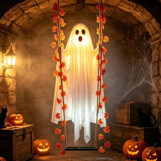Lightweight Fabric Ghost Prop Halloween Hanging Swing Decoration with Maple Leaf, LED Lighted Large Spooky Tree Ornaments Swinging Remote Control for
