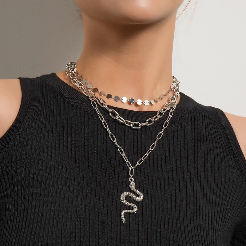 Europe, America, Hip Hop Trend Cross Chain Sequined Accessories Women, Personalized Multi-layer Golden Snake Pendant Necklace