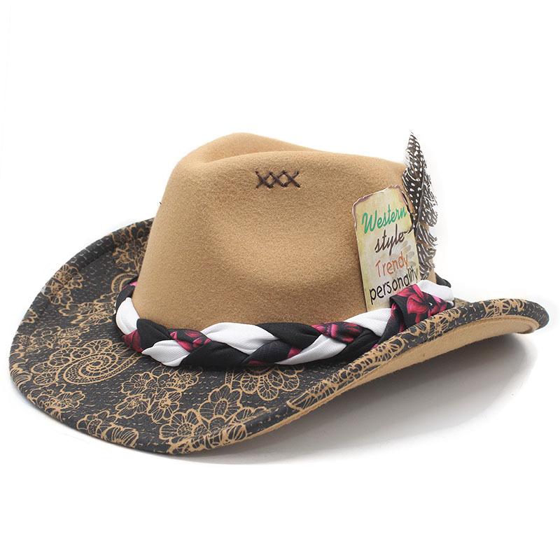 Новая Европейская и Американская Шляпа Ковбойская Шляпа Цилиндр с Постепенным Изменением Цвета Распылением Краски Ременная Лента Перо Декоративная Фетровая Шляпа Шляпа с Широкими Полями Джазовый Шляпа M（56-58cm） верблюд