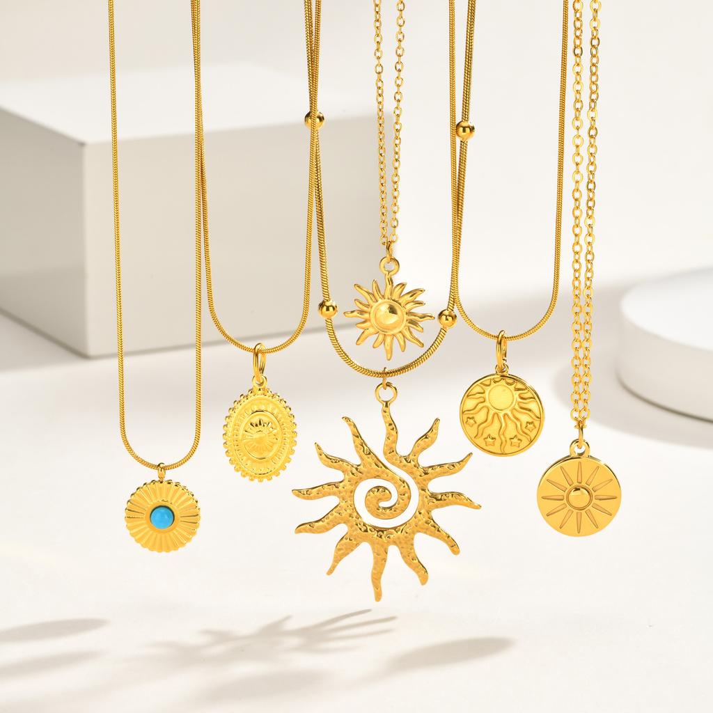 Dainty Sunburst Coin Pendant Necklace, Stainless Steel 18K PVD Gold Plated Waterproof Tarnish Free Celestial Layering Jewelry