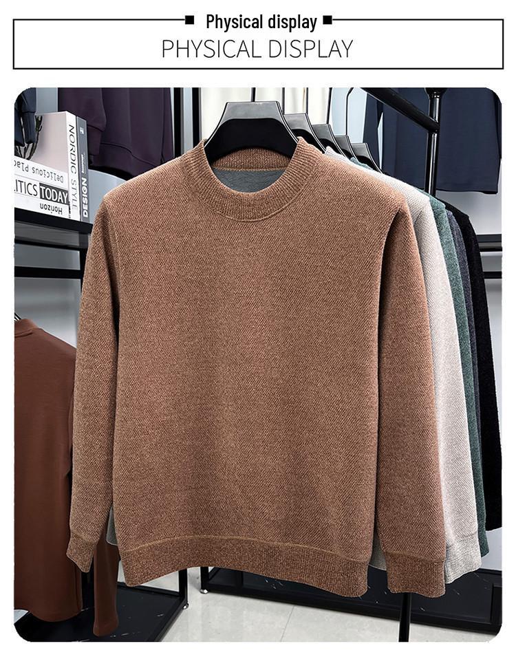 Herren Strickpullover mit Fleecefutter - Faux Nerz Kaschmir, Unifarben, Rundhalsausschnitt, Warme Herbst-/Winter-Herrenbekleidung