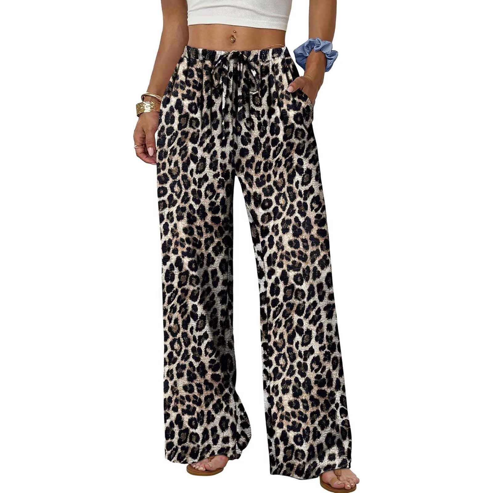 Women s Fashion Wide-Leg Trousers With Drawstring Elastic Waistband And Pockets Loose-Fit Casual Trousers L