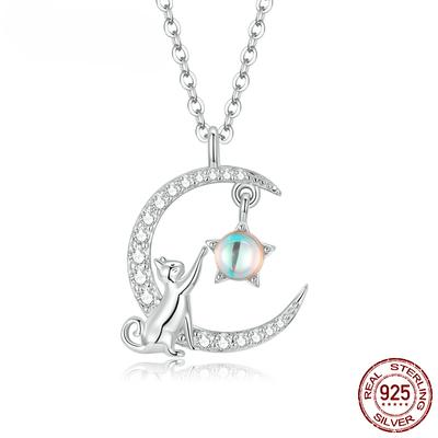 New Arrival oryginalna 925 srebro kot księżyc uroczy wisiorek z motywem zwierzęcym naszyjniki damska biżuteria srebrna na prezent