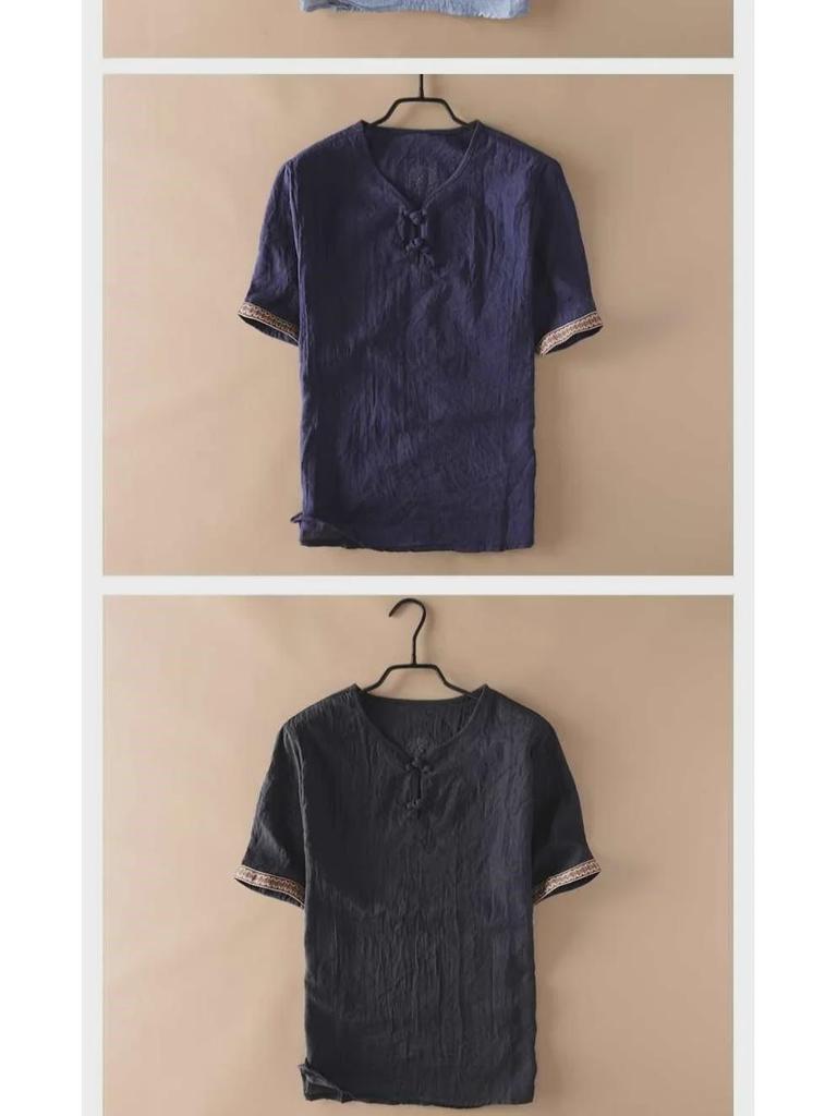 Herren-T-Shirt mit kurzen Ärmeln und chinesischem Knopfmuster aus Leinenimitat