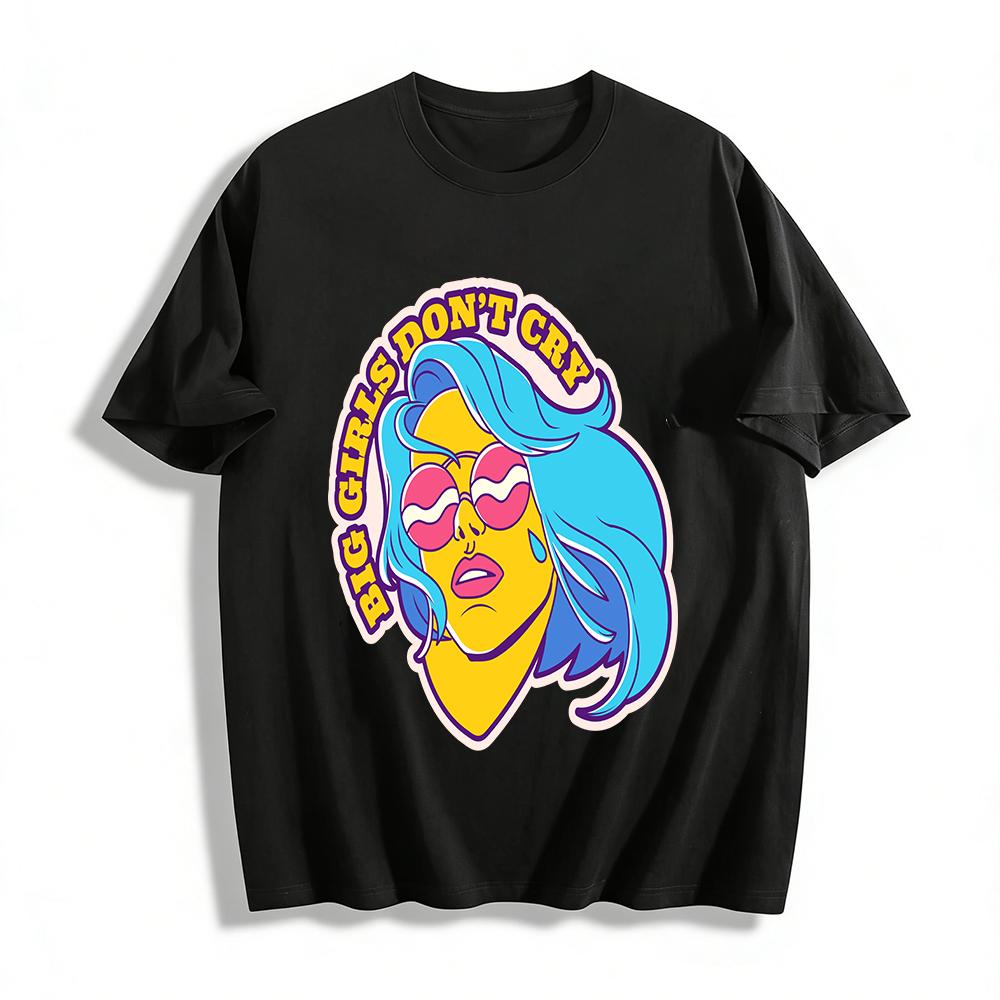 

Big Girls Don t Cry Slogan Graphic Tee, Trendy Blue Hair Cool Sunglasses Print Casual T-Shirt Pure cotton T-shirt XXS