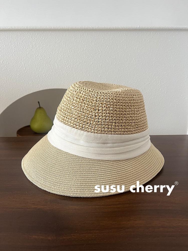 Vintage eaves straw bucket hat women's summer vacation wind seaside beach visor pleated sunscreen straw hat