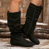 Autumn Winter Pink Mid Calf Boots Women 2025 Fashion Faux Suede Pleated Boots Woman Plus Size 36-42 Flat Heel Long Botas Mujer