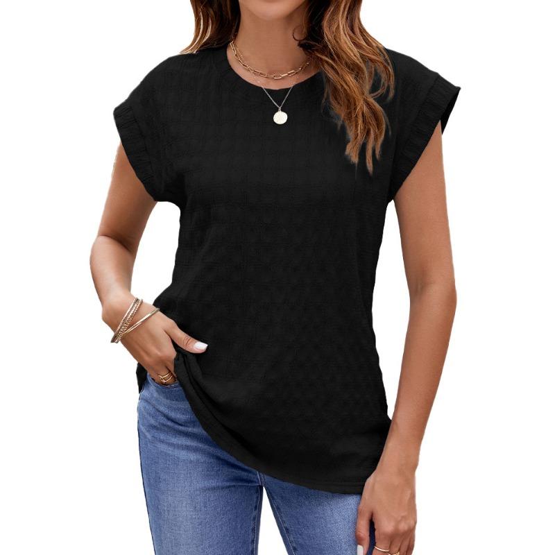 Spring Summer Solid Color Jacquard Solid Color Round Neck Short Sleeved T-shirt Top for Women Shirt