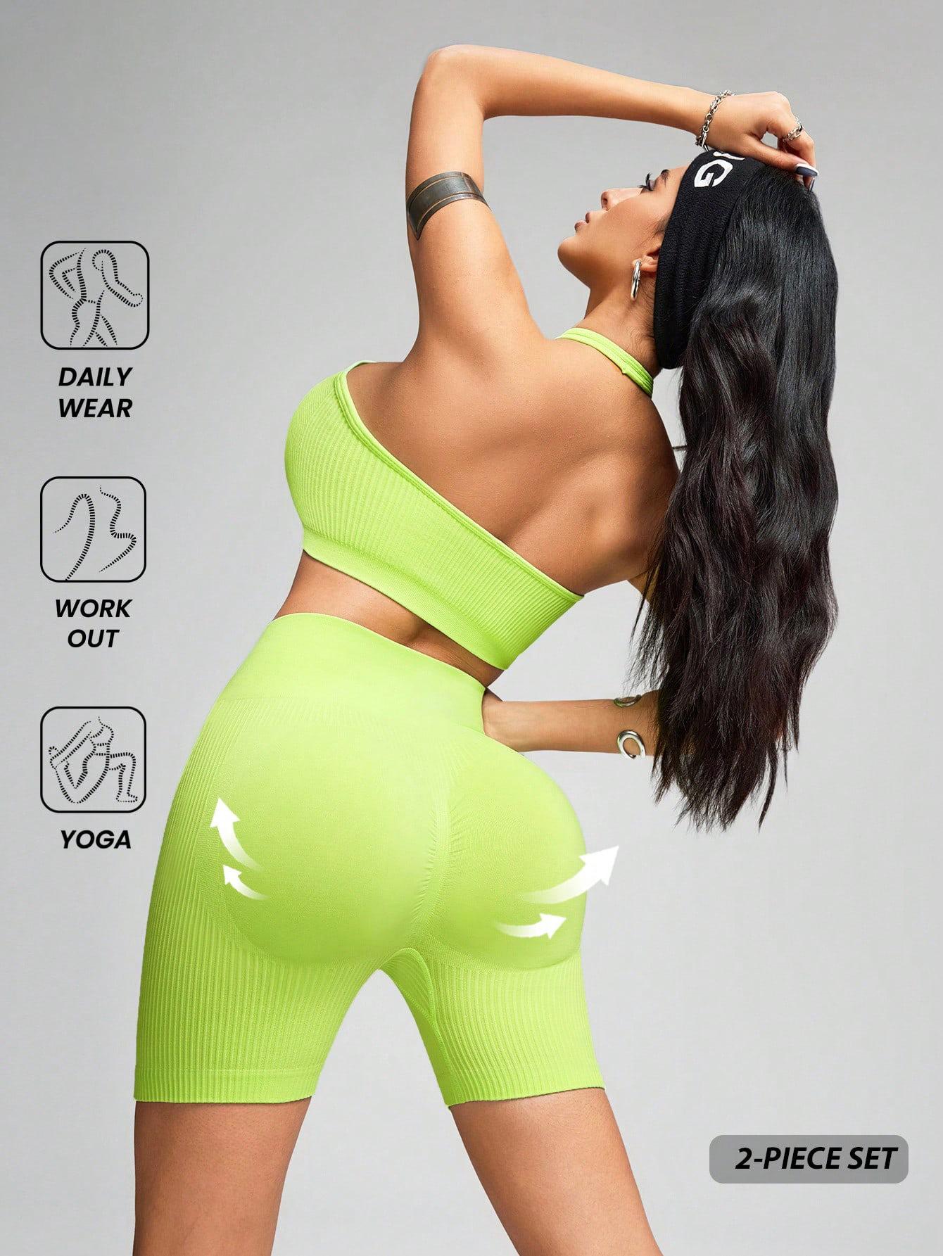 

JYL Yoga Shorts Trousers Suit Halter Fitness V Neck Shorts Ribbed Candy Color S бурштин