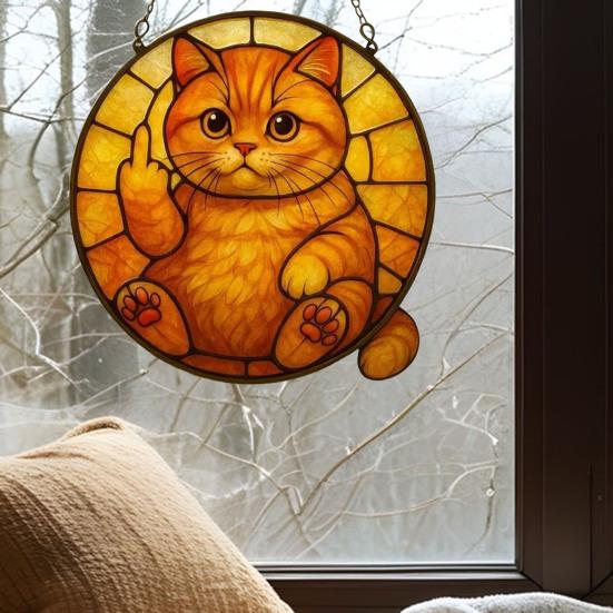 לוכד שמש חתול קישוט תלוי חתול אקרילי דו-ממדי קישוט חלון חתול מנופף אצבע לעיצוב קיר לחדר שינה, סלון, מרפסת