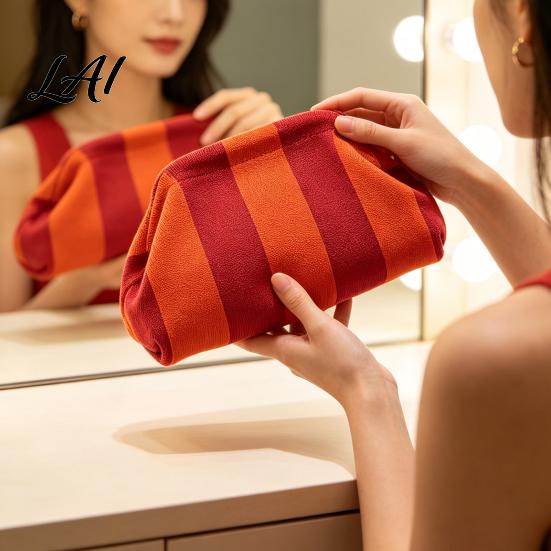 Evening Dumpling Bag Women Woven Striped Clutch Purse Large Capacity Kiss Lock Quick Access Makeup Pouch Cosmetic Pouch Summer Beach Vacation Purse