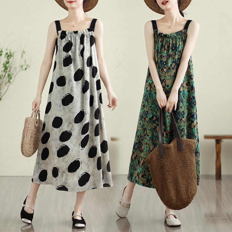 Plus Size Summer Halter Dress Women's Loose Sleeveless Temperament Polka Dots Long Dress Retro Print Dresses