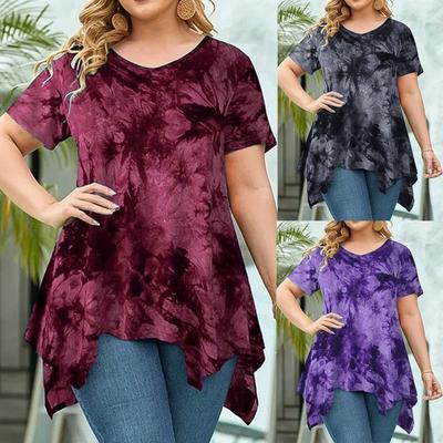 Große Größe Mode Tie-Dye V-Ausschnitt Unregelmäßiger Saum Kurzarm Bluse Locker O-Ausschnitt Blumen Oberteil Sommer Lässig Büro Süße Oberteile Damenbekleidung