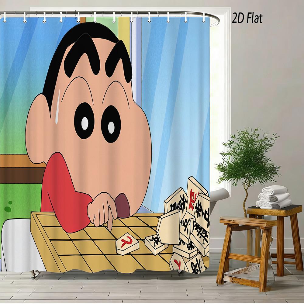 Crayon Shin-Chan Ufo & Shiro 2D Print Waterproof Shower Curtain, Green Anime Bathroom Decor With Hooks