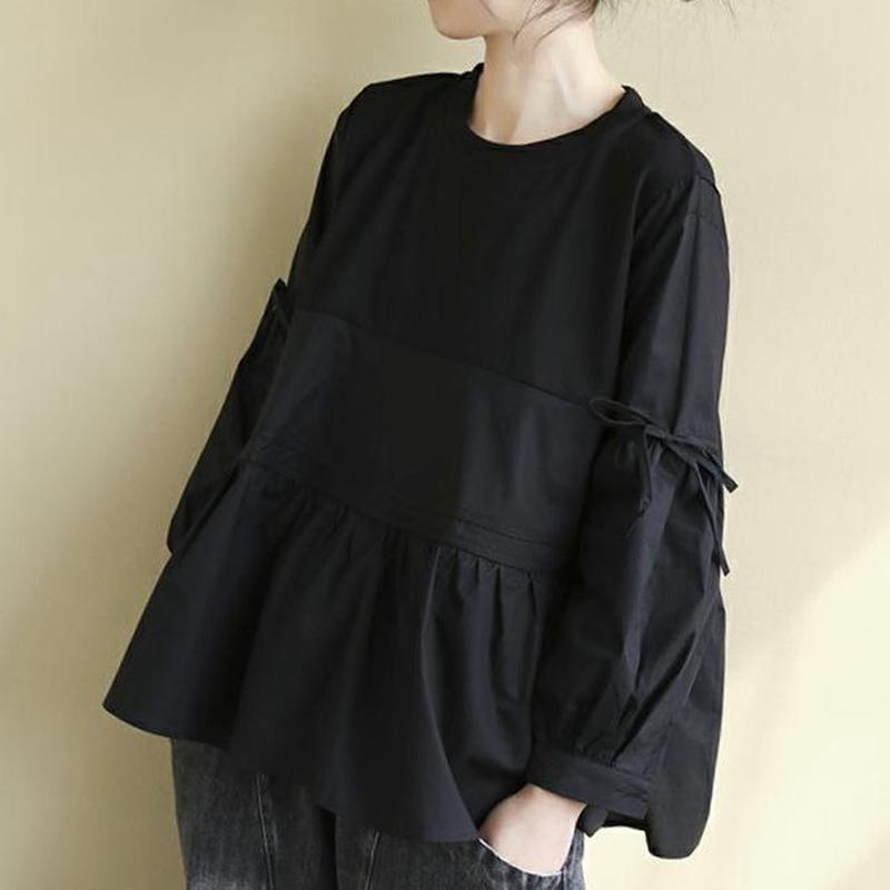 Clothes for Women Korean Fashion Bow Cute Chic Blouses Vintage Ruffled Patchwork Oversized Shirts Solid O Neck Long Sleeve Tops