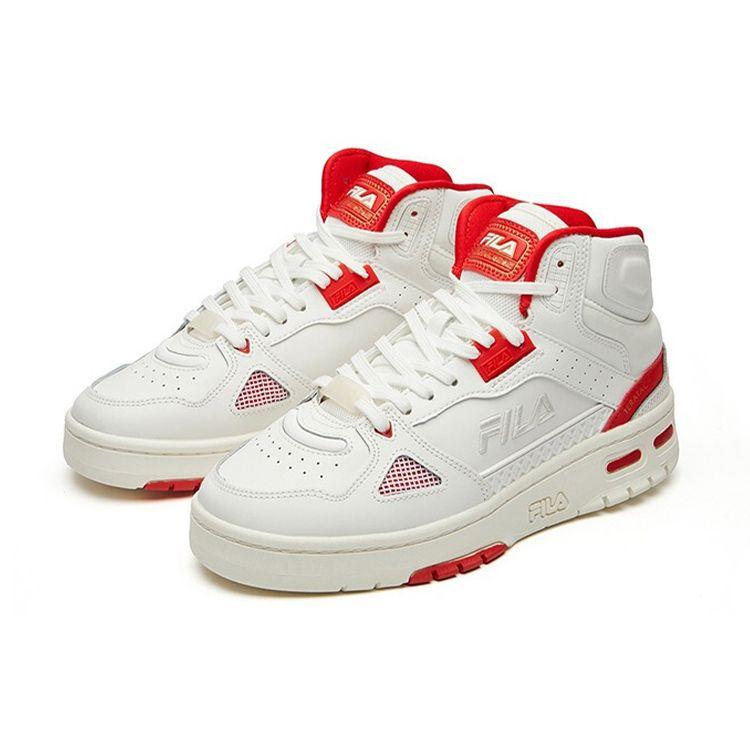 Fila Teratach 600 Tela Cuero Sintético Cómodo Versátil Zapatillas de Baloncesto Retro de Caña Alta Mujer Zapatilla Blanca Roja F12W111211FWR