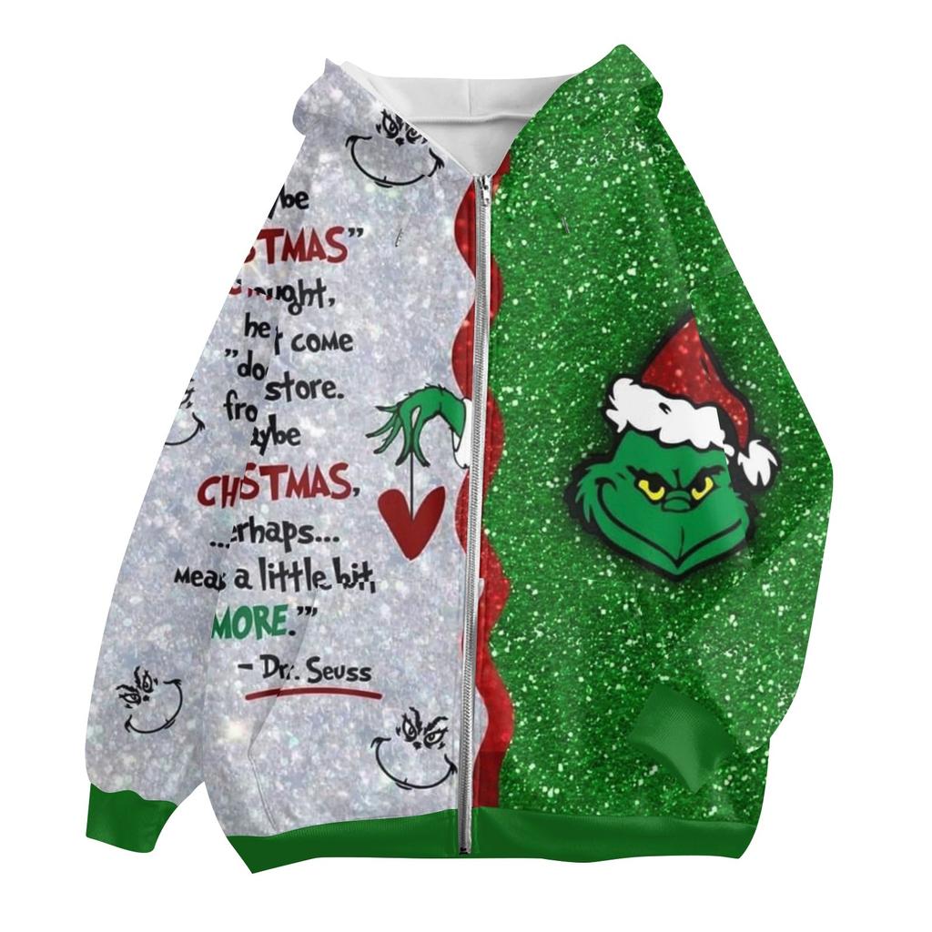 Women's Fashion Casual Christmas Print Long Sleeve Sweatshirt Pocket Jacket Zipper Hoodie Coat