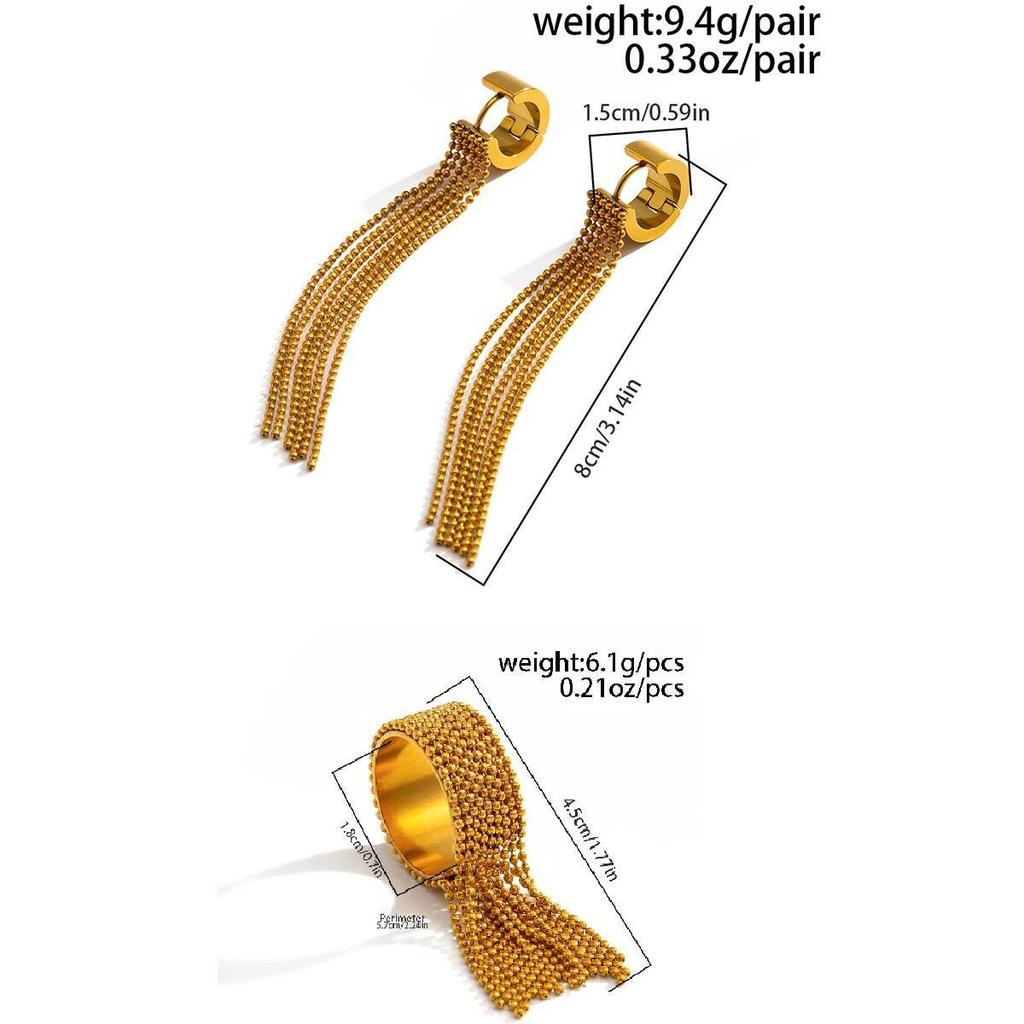 SHIXIN Fashion Exquisite Stainless Steel Long Tassel Earrings Rings Women Charm Geometric 18K Gold Plated Set Waterproof Jewelry