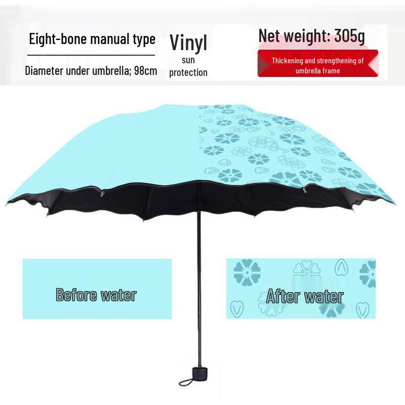 Women's Dual-Use UV Protection Umbrella: Water-Activated Blooming Design, Manual, Sun & Rain Parasol, Black Glue, Large Size.