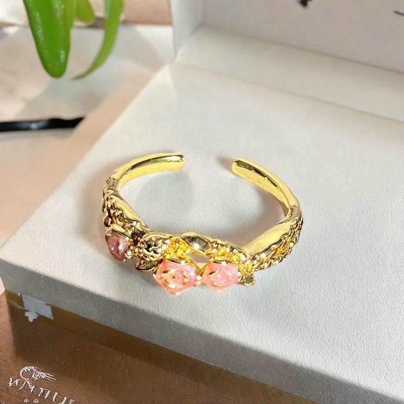 Princess Pink Flower Gold Enamel Dripping Oil Opening Ring Female Butterfly Premium Sweet Cool Ring