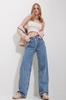 Women's Trousers New Season Fashion Blue High Waist 5 Button Pocket Snow Washed Jean Trousers
