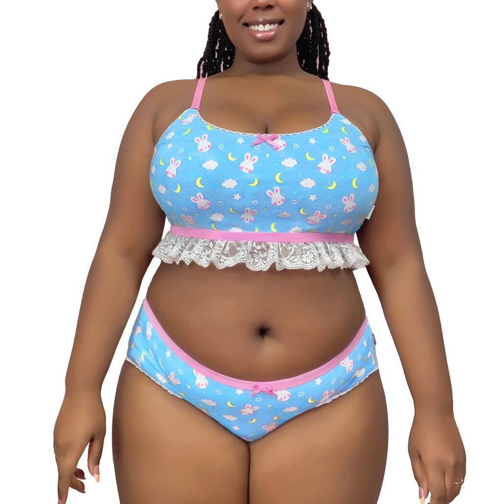 LittleForBig Bunny Lingerie Set with Star and Moon Print and Lace Cotton Size M Women's 2-Piece Ruffles, Pajamas,