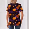 Women Fashion Casual Halloween Print V Neck Short Sleeve Decorative Button T Shirt Top for Holiday Party Daily Wear