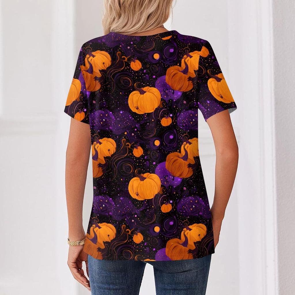 Women Fashion Casual Halloween Print V Neck Short Sleeve Decorative Button T Shirt Top for Holiday Party Daily Wear