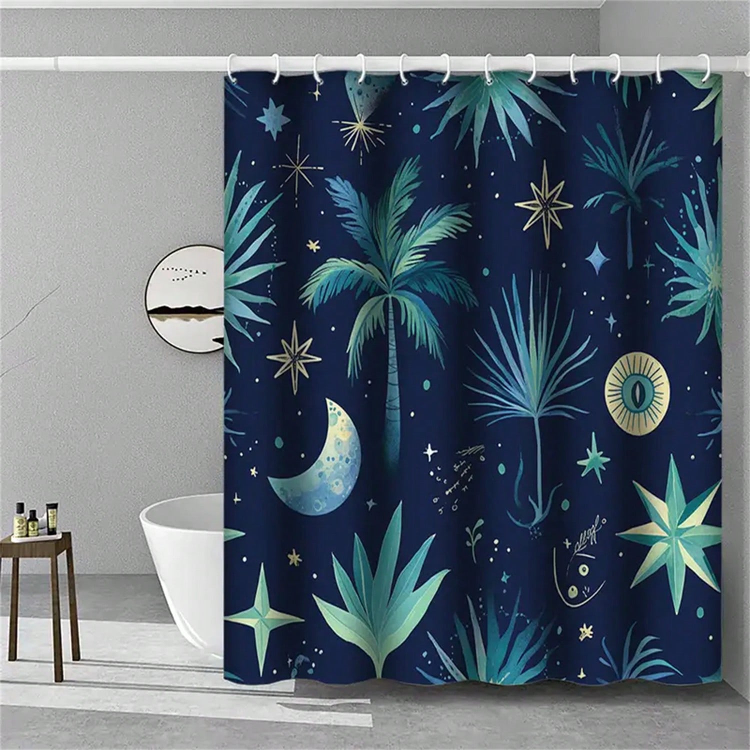 

Starry Night Palm Shower Curtain: Embrace The Cosmic Design, Soft Fabric, And Tropical Vibes For Your Dreamy Bathroom 90x180cm