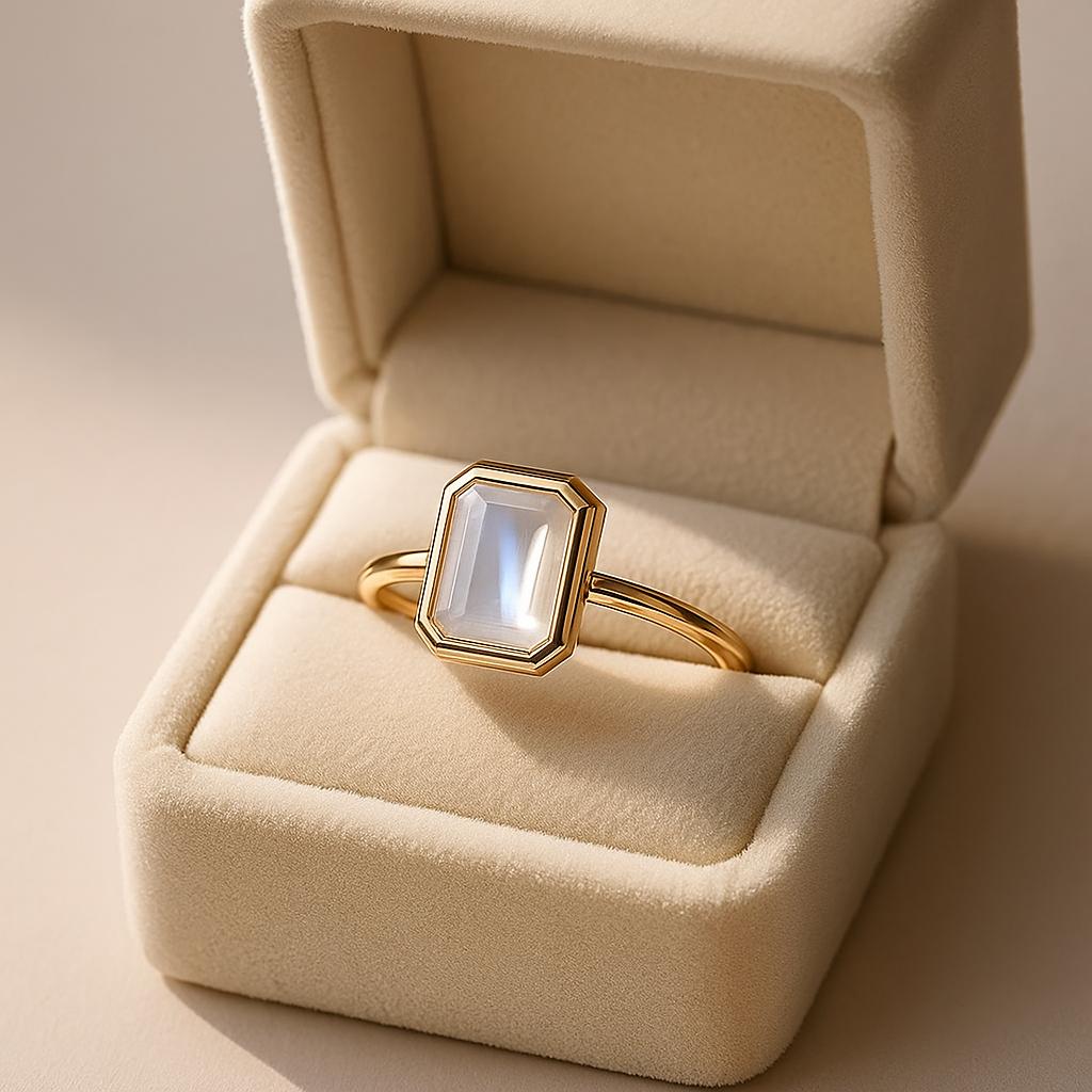 White Moonstone Emerald Cut Gold Plated Ring for Women – Elegant Minimal Jewelry