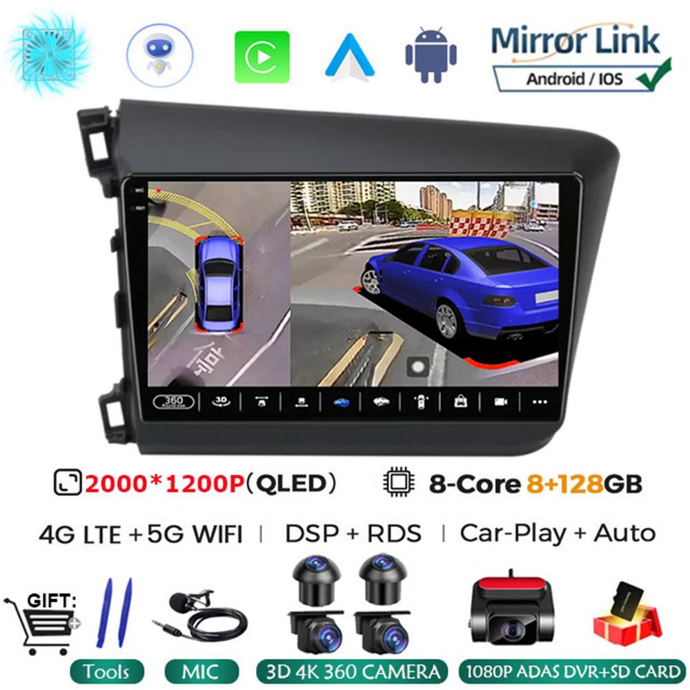 9" 2 Din Android 14 Car Radio for Honda Civic 2012 2013 2014 2015 Multimedia Player 2din Carplay Stereo GPS DVD Head Unit NO DVD