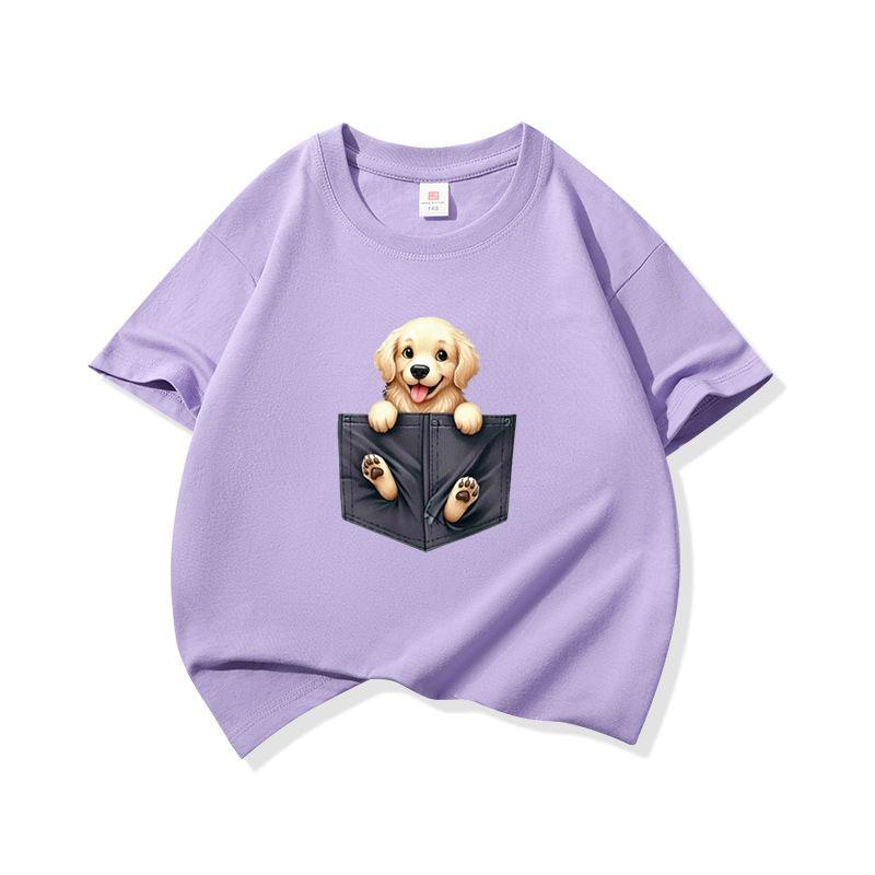 Kids Cotton T Shirt Lovely Pocket Golden Retriever Puppy Dog Print Crew Neck Short Sleeve Tee Breathable Boys Girls Summer Tops