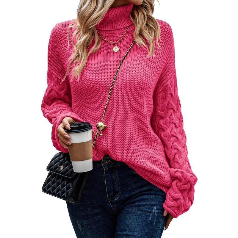 Übergröße Pullover Mode Hoher Kragen Locker Zopf Langarm Damen Strickware