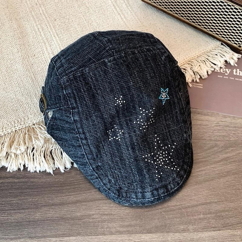 25 Early autumn new pentagram rhinestone denim forward hat big head circumference showing face small beret