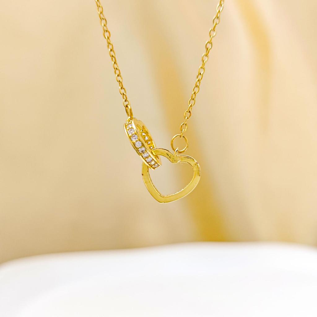 18K Gold Heart Double Ring Titanium Steel Necklace with Diamond Inlay - Versatile Ins Style for Women