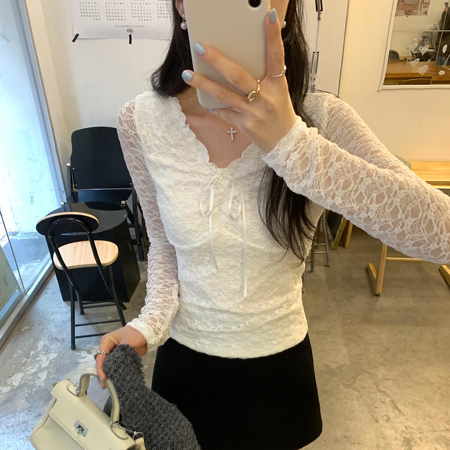 

Women s Autumn/Winter Slimming Lace V-neck See-through Top Medium белый