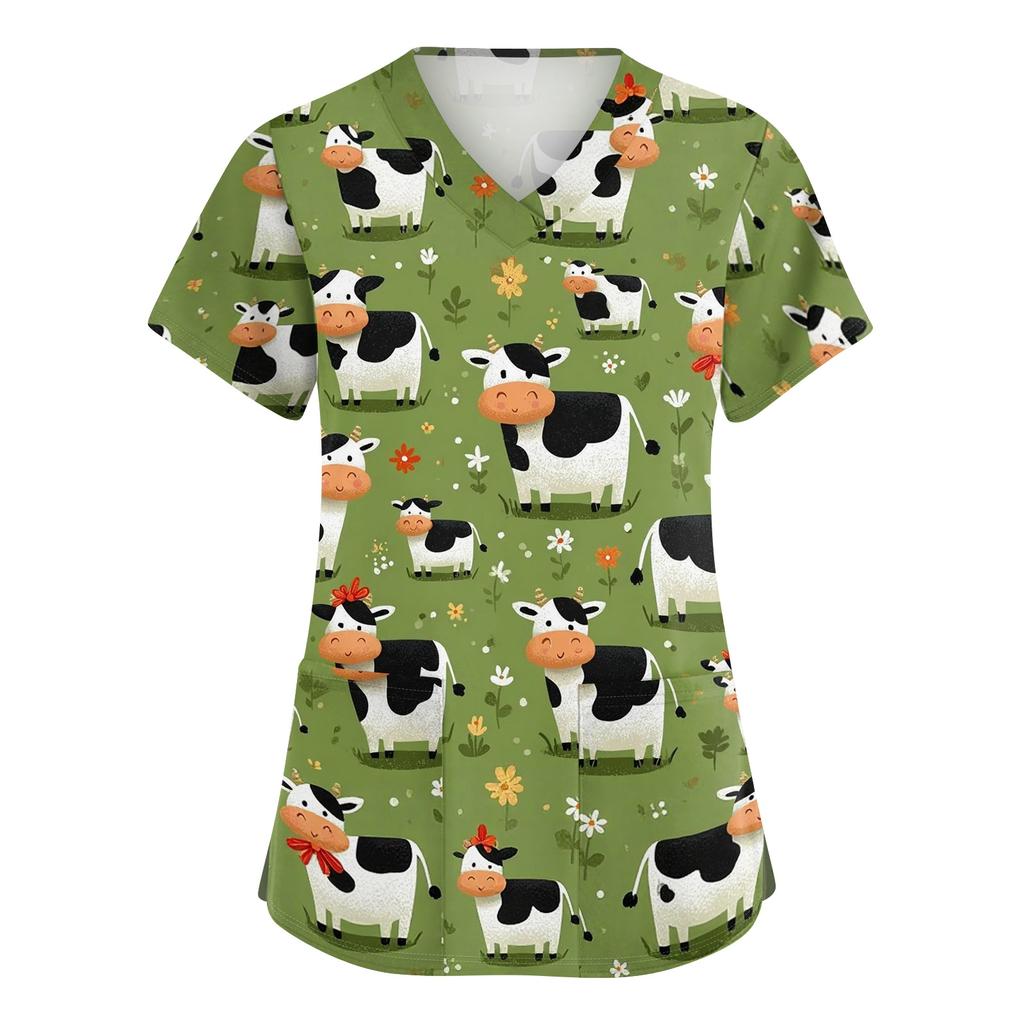 Damen V-Ausschnitt Kurzarm Arbeits-Top mit Seitenschlitzen und Taschen Tierprint Medizinische Uniformbluse für medizinisches Fachpersonal