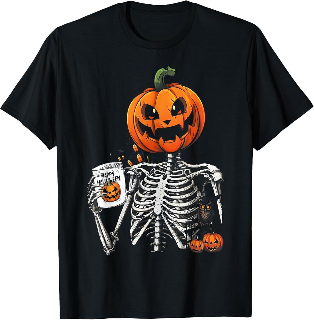 NEW LIMITED Coffee Drinking Skeleton Pumpkin Halloween Costume Tee - MADE IN USA