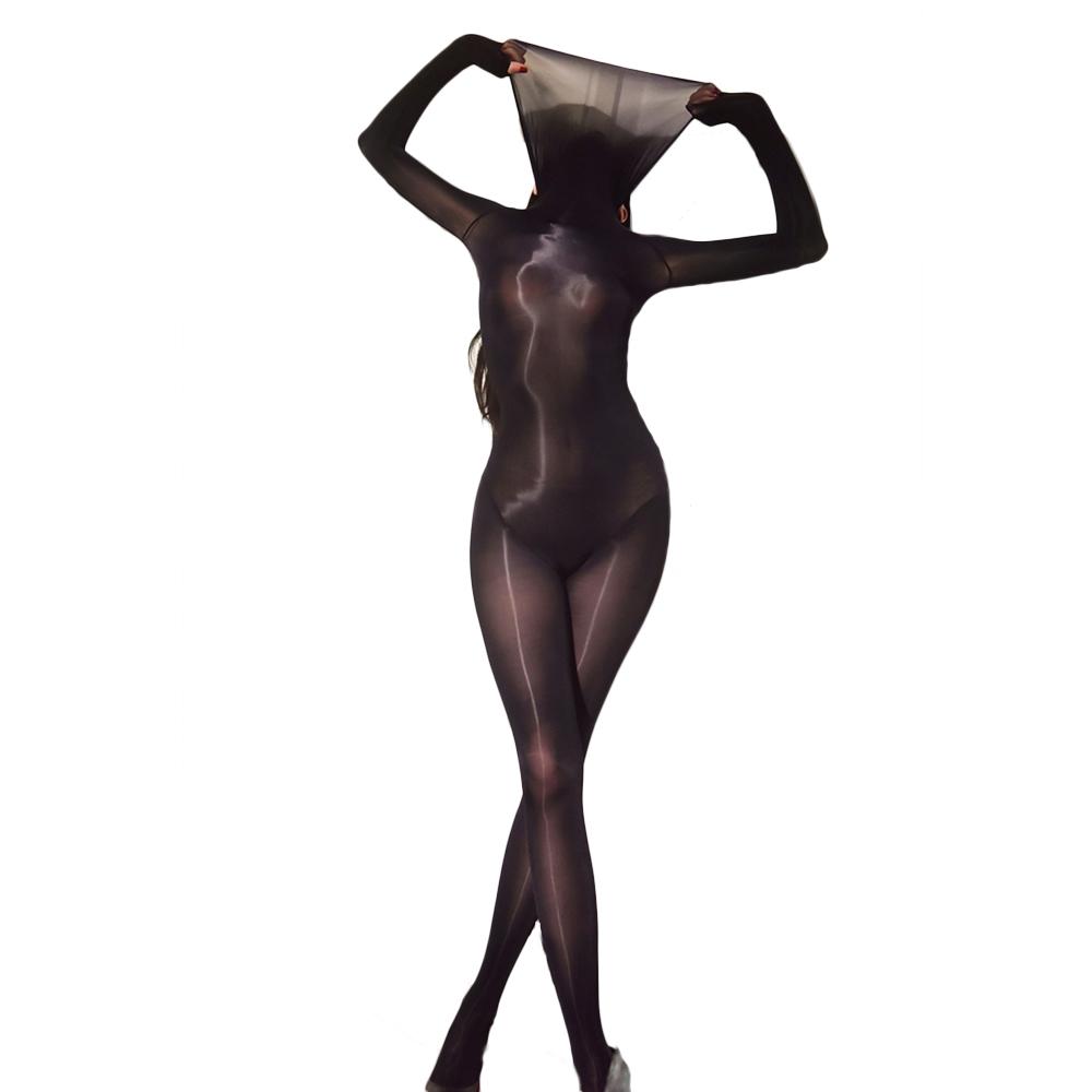 Sexy Damen Hochkragen Abdeckmaske Bodysuit Öl Glänzend Glatt Nahtlos Sexy Strumpfhose Elastisch Yoga Strampler Cosplay Dienstmädchen Leotard