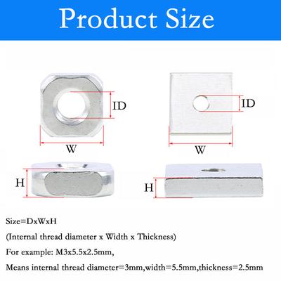 M2.5 M3 M3.5 M4 M5 M6 M10 M12 Square Nuts Zinc Plated Carbon Steel Thin Square Nuts Quadrangle Block Rounded Corners/Right Angle