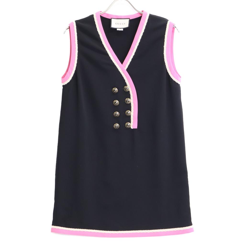 GUCCI [Domestic Regular] 577114 Design Piping GG Button Sleeveless dress 36 Black x pinkUsed