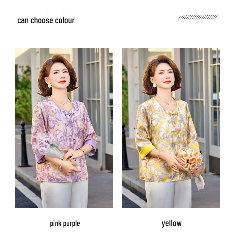 Mom's Spring Chinese-Style Mid-Sleeve Shirt for Middle-Aged Women