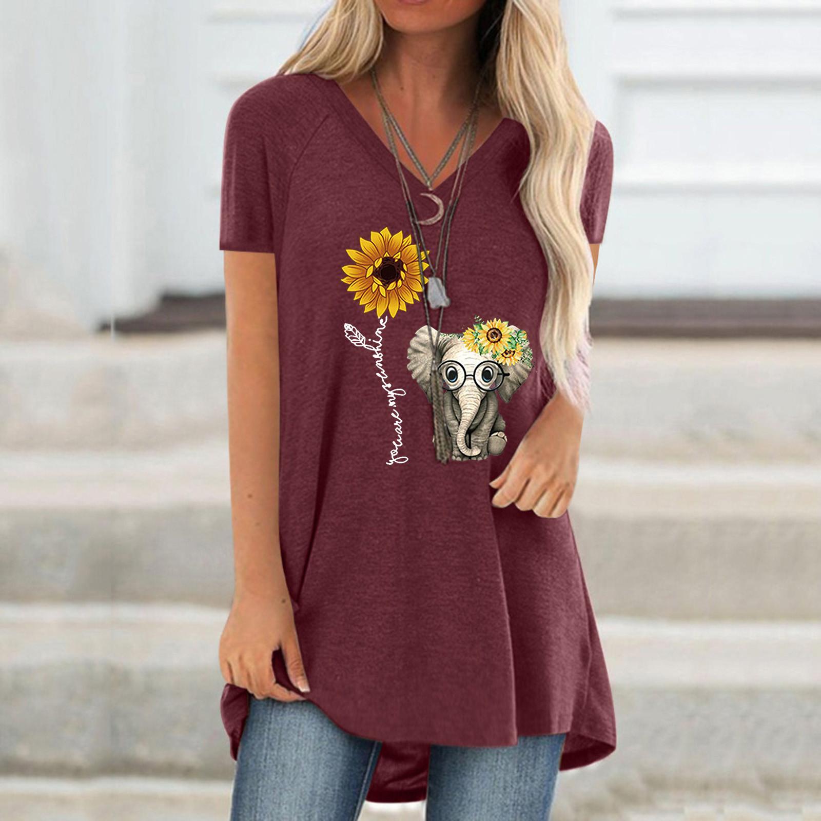 

Женская мода плюс размер печати V-образным вырезом с короткими рукавами длинная футболка блузка XL винный
