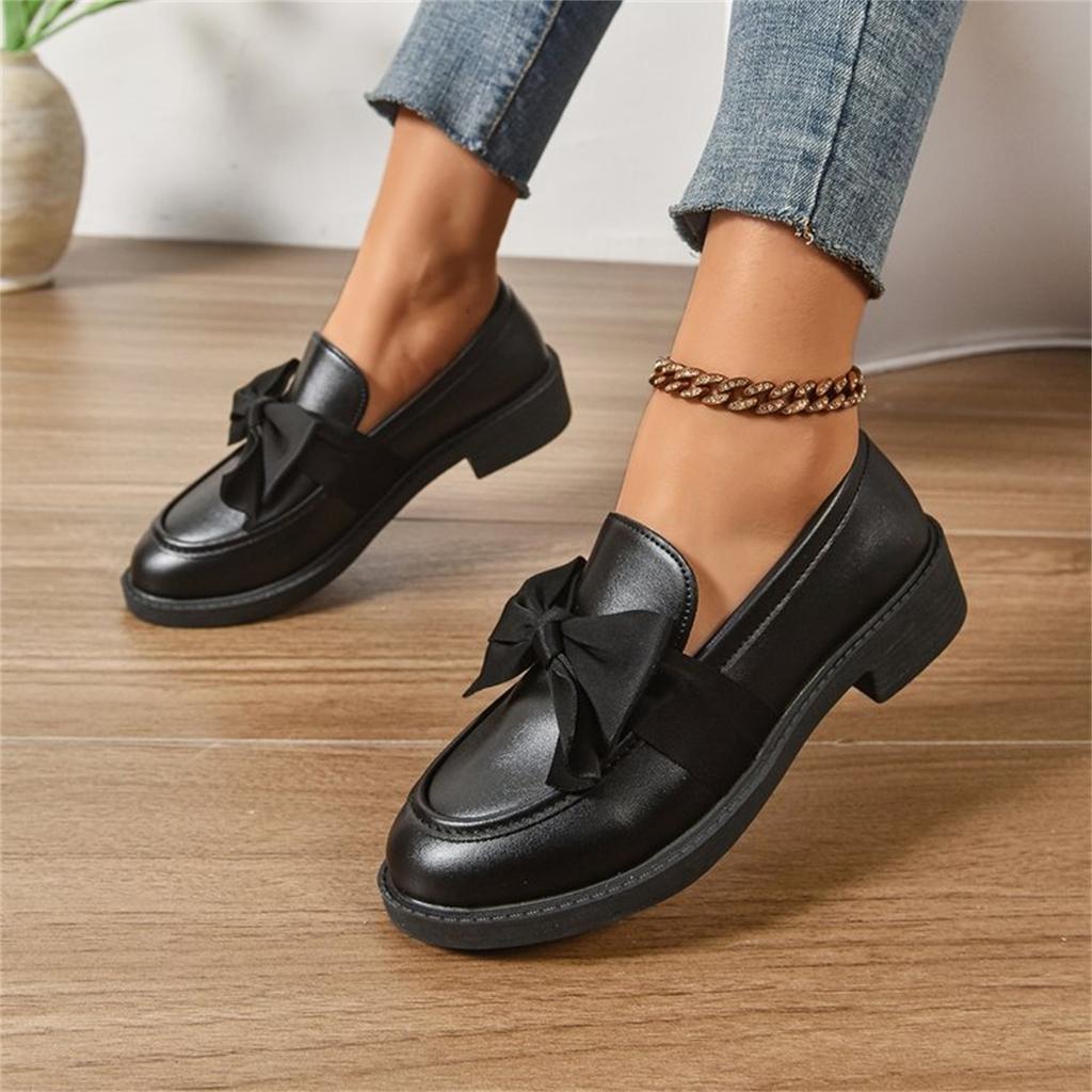 Modische Damen-Loafer mit Rundspitze und Schleife, Übergröße, Kleine Lederschuhe