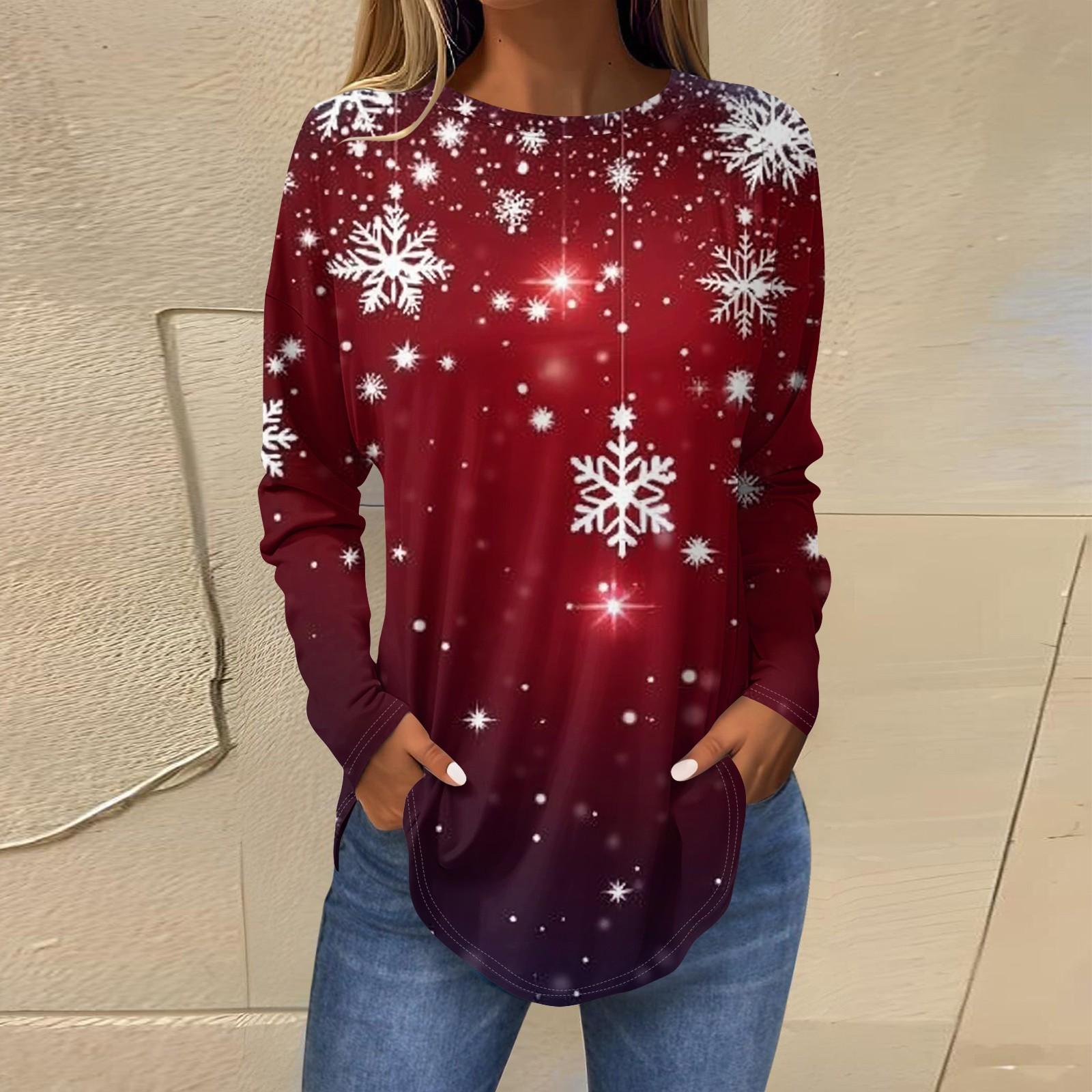 

Женская свободная футболка с длинным рукавом с круглым вырезом и принтом, верхний пуловер S винный