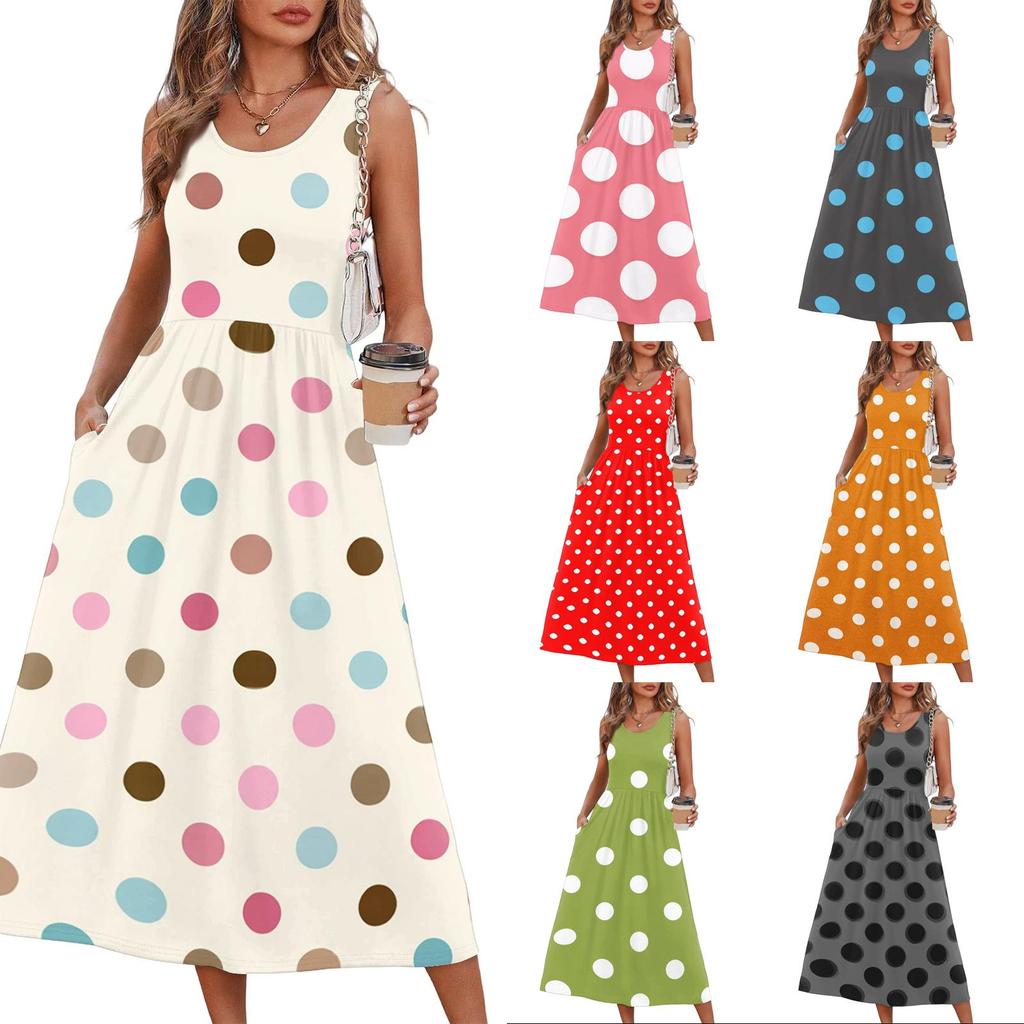 Women's Polka Dot Print Short Sleeve Midi Dress with Pockets for Beach Vacation and Casual Summer Wear